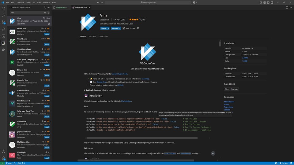 Vim emulation for Visual Studio Code